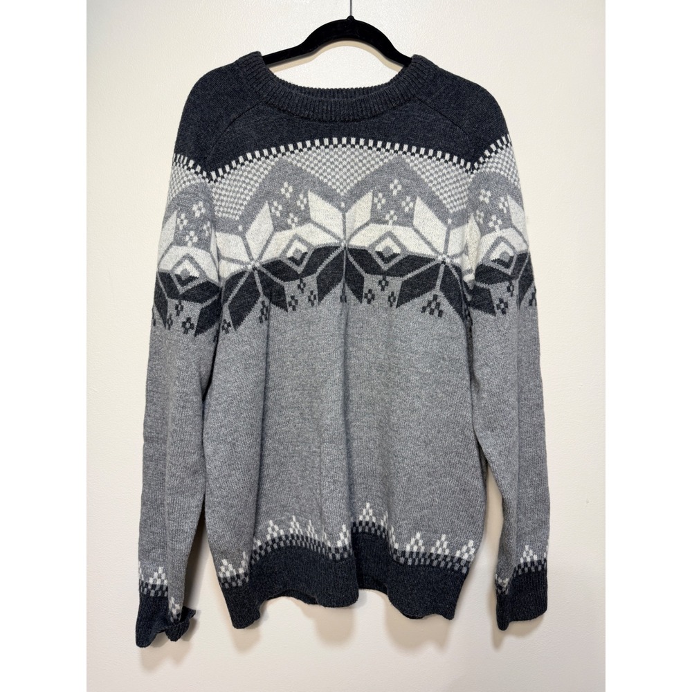 Lands' End Fair Isle Sweater Large Tall Snowflake Grey Crew Neck Knit Pull Over